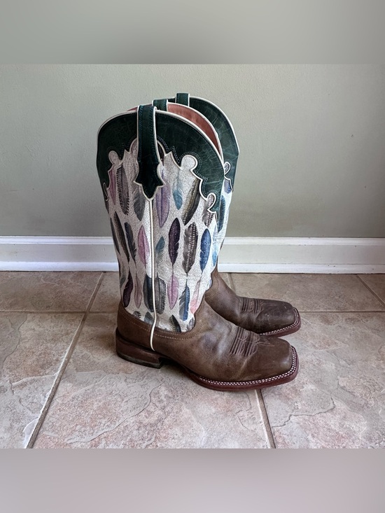 Ariat Shoes - Ariat Fonda Western Boots Feather Print Brown Leather Square Toe